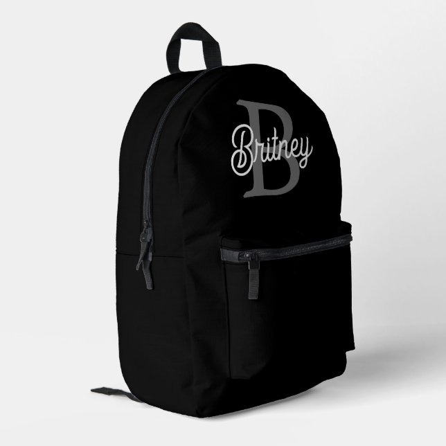 Modern Elegant Monogram Name  Black Grey Script  Printed Backpack (Back Corner Left)