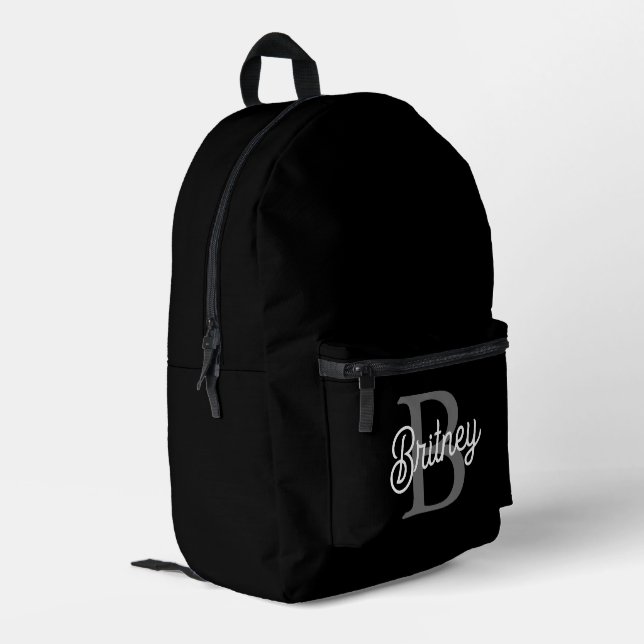 Modern Elegant Monogram Name  Black Grey Script  Printed Backpack (Back Corner Left)