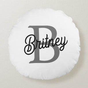 Modern Elegant Monogram Name Black Grey Script Round Cushion