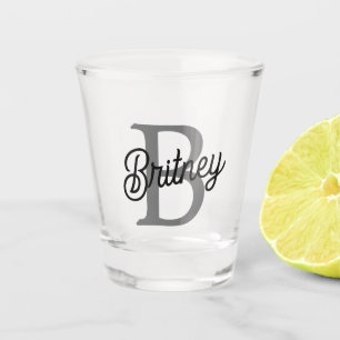 Modern Elegant Monogram Name  Black Grey Script  Shot Glass