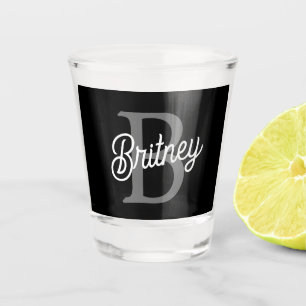 Modern Elegant Monogram Name Black Grey Script Shot Glass