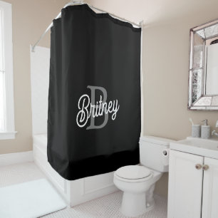 Modern Elegant Monogram Name  Black Grey Script  Shower Curtain