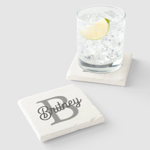 Modern Elegant Monogram Name Black Grey Script Stone Coaster
