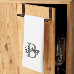 Modern Elegant Monogram Name  Black Grey Script  Tea Towel