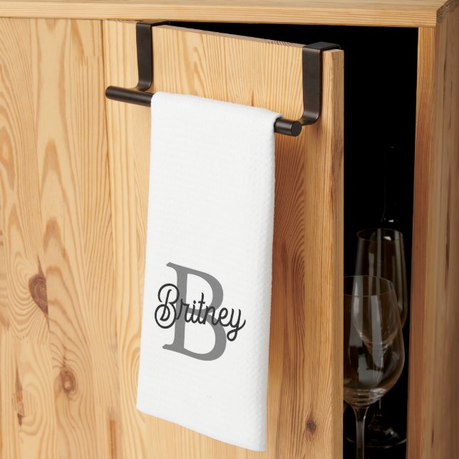 Modern Elegant Monogram Name  Black Grey Script  Tea Towel (Thirds Fold)