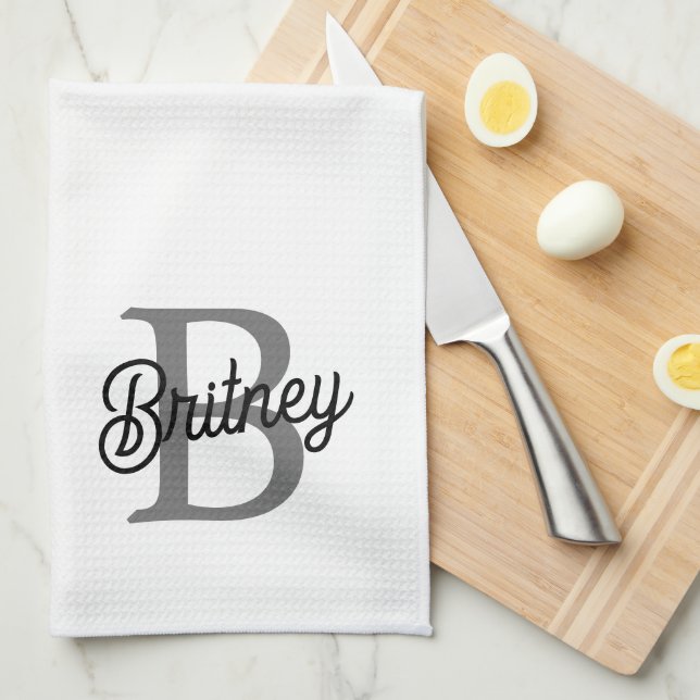 Modern Elegant Monogram Name  Black Grey Script  Tea Towel (Quarter Fold)