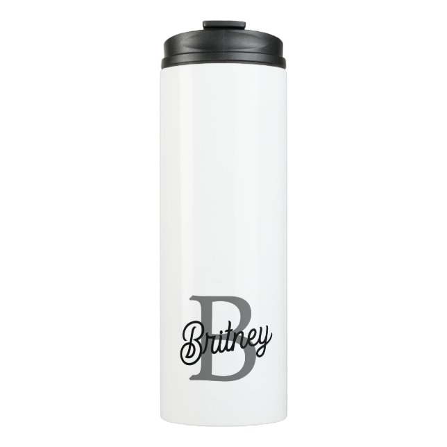 Modern Elegant Monogram Name  Black Grey Script  Thermal Tumbler (Front)