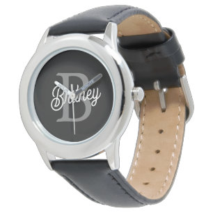 Modern Elegant Monogram Name Black Grey Script Watch