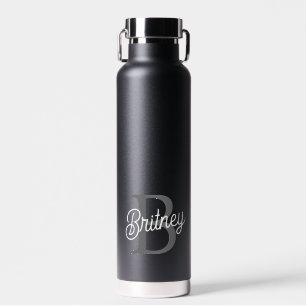 Modern Elegant Monogram Name Black Grey Script Water Bottle