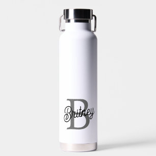 Modern Elegant Monogram Name Black Grey Script Water Bottle
