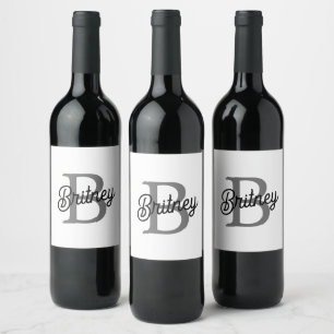 Modern Elegant Monogram Name  Black Grey Script  Wine Label