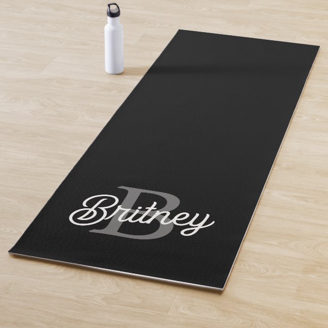Modern Elegant Monogram Name  Black Grey Script  Yoga Mat (In Situ)