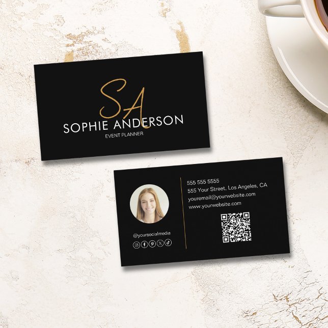 Modern Elegant Monogram Photo QR Black Gold Business Card (Modern Elegant Monogram Photo QR Black Gold Business Card)
