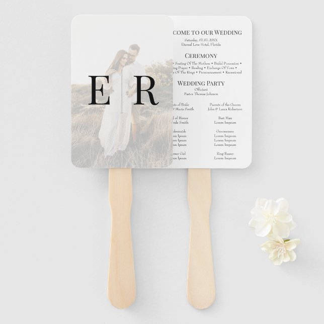 Modern Elegant Monogram Photo Wedding Program Hand Fan (Front and Back)