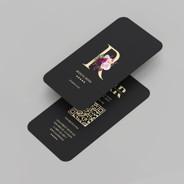 Modern Elegant Monogram R Floral Black Gold  Business Card (Modern Elegant Monogram R Floral Black Gold Business Card
)