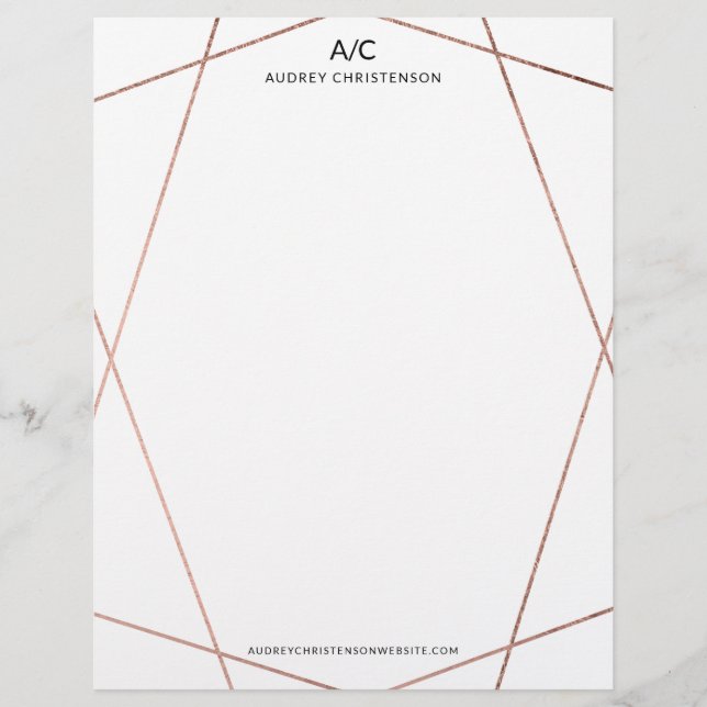 Modern elegant monogram rose gold geometric frame custom letterhead (Front)