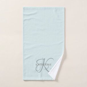 Modern Elegant Monogram Script Aqua Blue Hand Towel