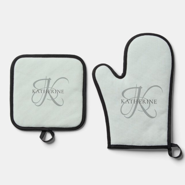 Modern Elegant Monogram Script Aqua Blue Oven Mitt & Pot Holder Set (Front)