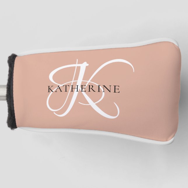 Modern Elegant Monogram Script Blush Pink Golf Head Cover (Front)