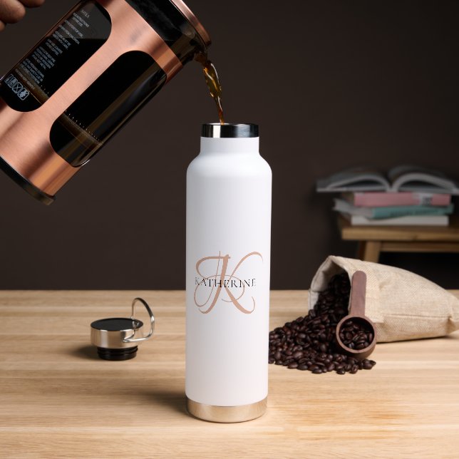 Modern Elegant Monogram Script Blush Pink Water Bottle (Coffee)