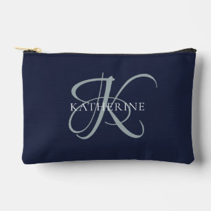 Modern Elegant Monogram Script Navy Blue Accessory Pouch