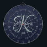 Modern Elegant Monogram Script Navy Blue Dartboard<br><div class="desc">The elegant design features your initial in a gorgeous calligraphy script with flourishes that wrap around your family name.  Makes a great gift for grandma,  a birthday,  for Mother's Day,  or any other family holiday.</div>