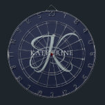 Modern Elegant Monogram Script Navy Blue Dartboard<br><div class="desc">The elegant design features your initial in a gorgeous calligraphy script with flourishes that wrap around your family name.  Makes a great gift for grandma,  a birthday,  for Mother's Day,  or any other family holiday.</div>