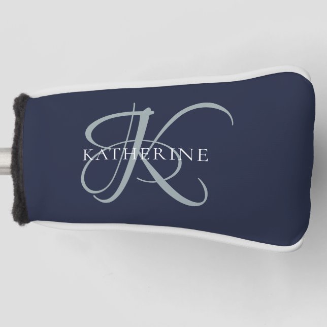 Modern Elegant Monogram Script Navy Blue Golf Head Cover (Front)