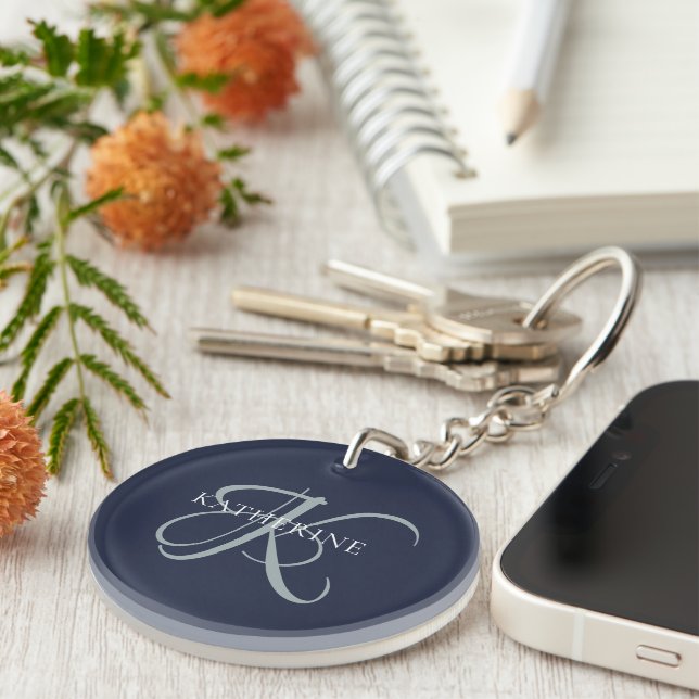 Modern Elegant Monogram Script Navy Blue Key Ring (Front Right)