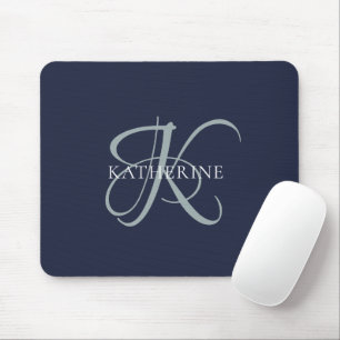 Modern Elegant Monogram Script Navy Blue Mouse Mat