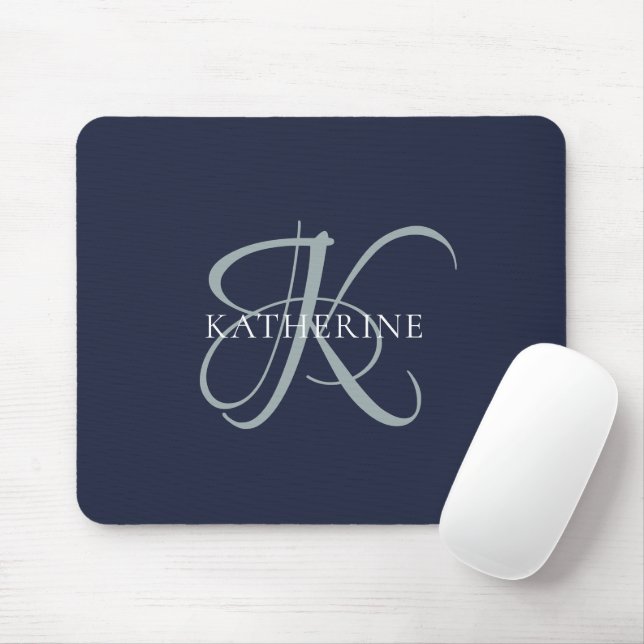 Modern Elegant Monogram Script Navy Blue Mouse Mat (With Mouse)