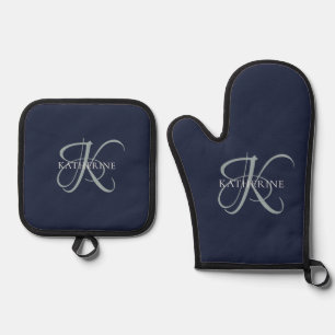 Modern Elegant Monogram Script Navy Blue Oven Mitt & Pot Holder Set