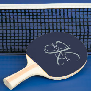 Modern Elegant Monogram Script Navy Blue Ping Pong Paddle