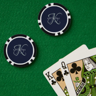 Modern Elegant Monogram Script Navy Blue Poker Chips
