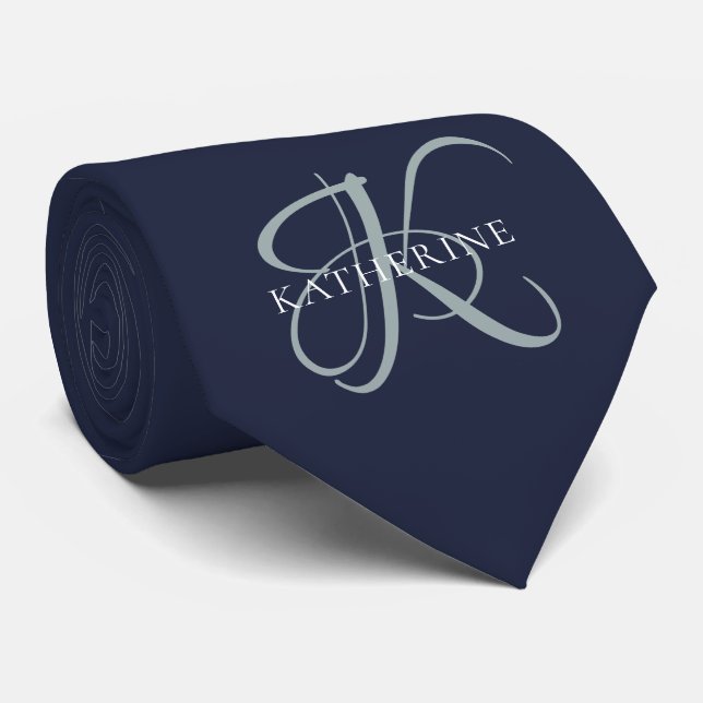 Modern Elegant Monogram Script Navy Blue Tie (Rolled)