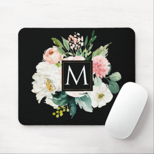 Modern elegant Monogram watercolor floral Mouse Mat