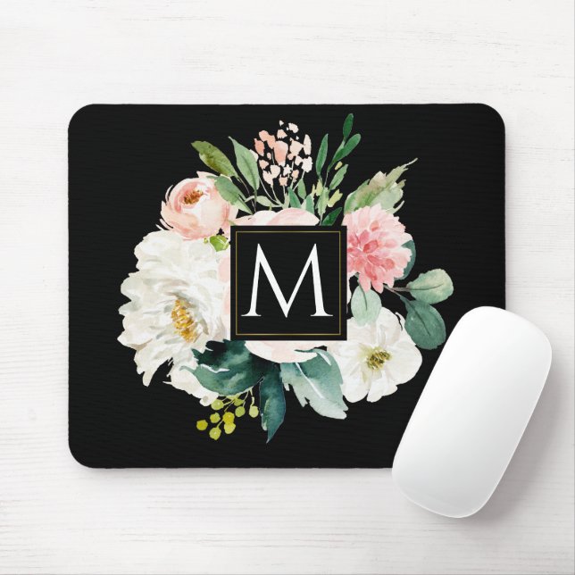 Modern elegant Monogram watercolor floral Mouse Mat (With Mouse)