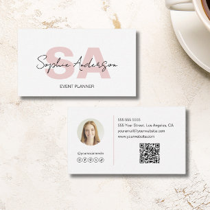 Modern Elegant Monogram White Pink Business Card