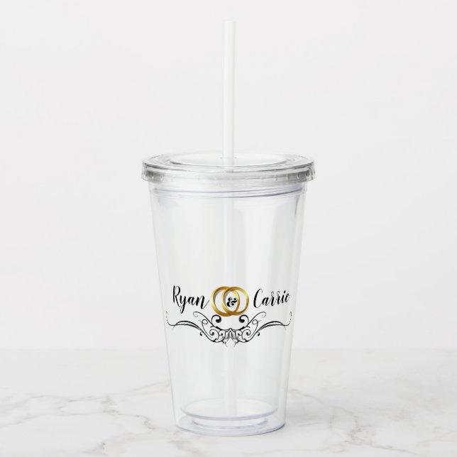 Modern Elegant Monogram with Gold Wedding Rings Acrylic Tumbler (Front)