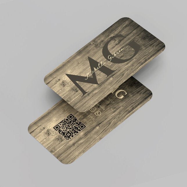 Modern Elegant Monogram Wood Woodworking QR Business Card (Modern Elegant Monogram Wood Woodworking Rustic Gold Wood Worker QR Business Card
)