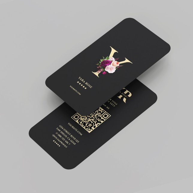 Modern Elegant Monogram Y Floral Black Gold  Business Card (Modern Elegant Monogram Y Floral Black Gold Business Card
)