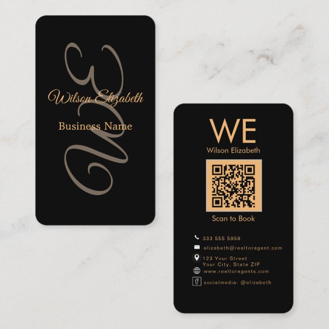 Modern elegant monogrammed black  QR code Business Card (Front/Back)