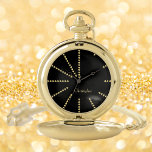 Modern Elegant Monogrammed Classic Chic Black Gold Pocket Watch<br><div class="desc">Create your own custom, personalised, unique modern stylish elegant classy black and faux gold design triangles hours, monogrammed, classic vintage look, premium alloy, gold pocket watch. Simply type in your name / monogram / initials, to customise. Makes a great gift, for birthday, graduation, fathers day, christmas, holidays, wedding, marriage anniversary,...</div>