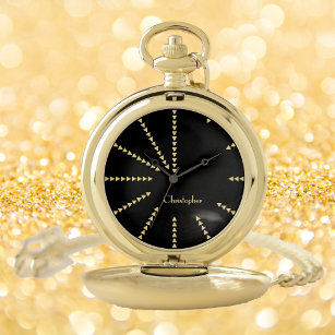 Modern Elegant Monogrammed Classic Chic Black Gold Pocket Watch