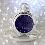 Modern Elegant Monogrammed Classic Navy Blue Mens Pocket Watch<br><div class="desc">Create your own custom, personalised, stylish classy modern, beautiful elegant faux silver script typography monogrammed, classic, roman numerals, chic, premium alloy, navy blue and silver pocket watch. Simply type in your name / monogram / initial, to customise. Makes a great gift, for birthday, graduation, fathers day, christmas, holidays, wedding, marriage...</div>