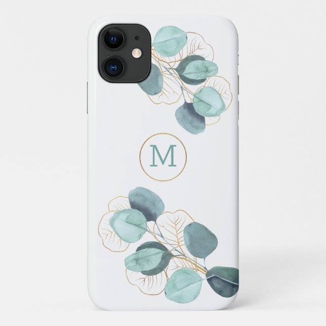 Modern Elegant Monogrammed Eucalyptus Gold iPhone  Case-Mate iPhone Case (Back)