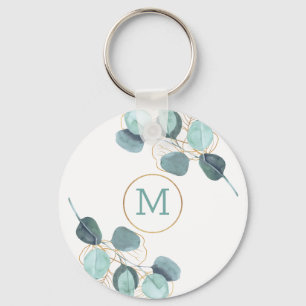 Modern Elegant Monogrammed Eucalyptus Gold Key Ring