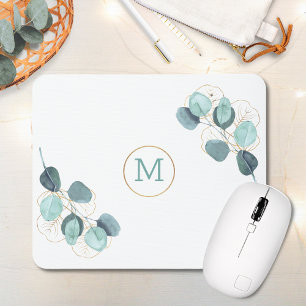 Modern Elegant Monogrammed Eucalyptus Gold Mouse Mat