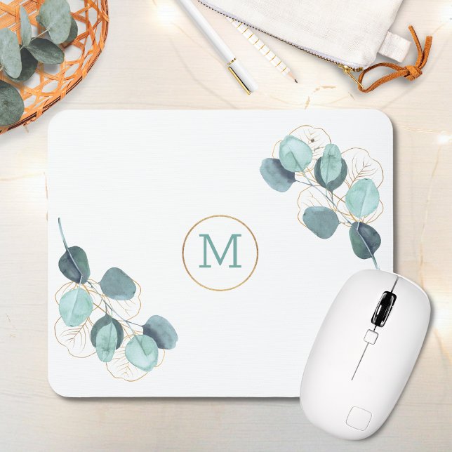 Modern Elegant Monogrammed Eucalyptus Gold Mouse Mat (Creator Uploaded)