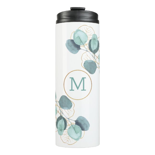 Modern Elegant Monogrammed Eucalyptus Gold Table Thermal Tumbler (Front)